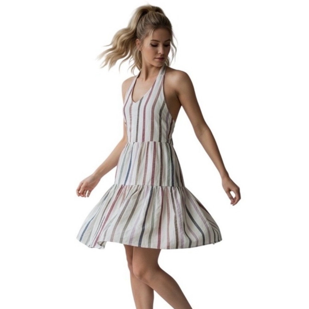 American Eagle Outfitters Cotton Linen Rainbow Striped Halter Tie Dress Large - Picture 2 of 16